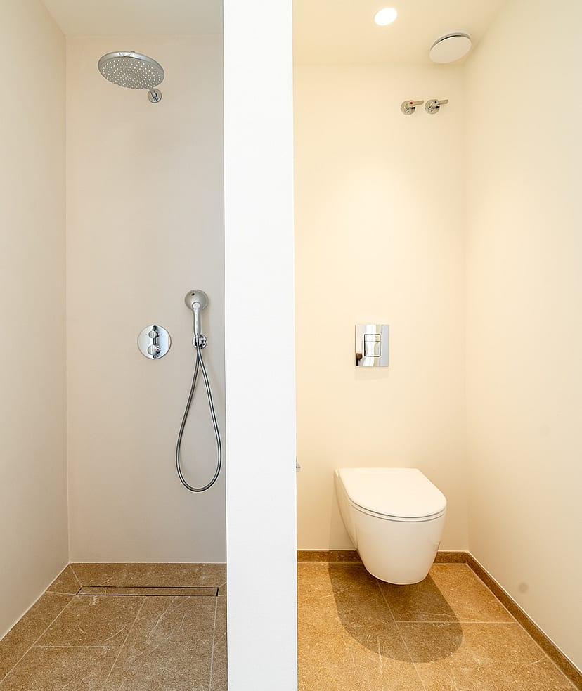 A minimalist bathroom section featuring a wall-mounted toilet and a walk-in shower with chrome fixtures and tiled floors.