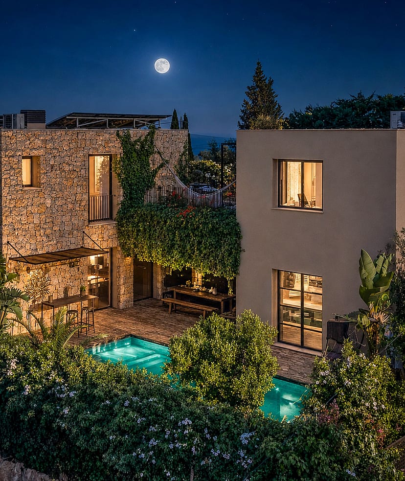 Two-story villa facade featuring natural stone and stucco walls, illuminated by warm interior lights and moonlight.
