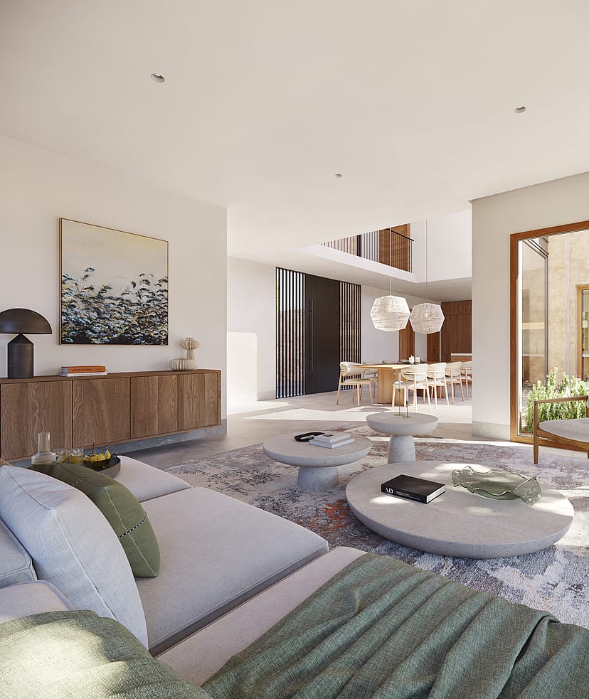 Render of an open-plan living room with kitchen island, dining table and floor-to-ceiling glazing