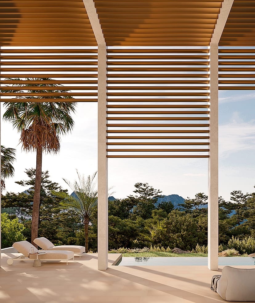 A contemporary terrace with a slatted wood pergola, sun loungers, and an infinity pool overlooking a mountain landscape.