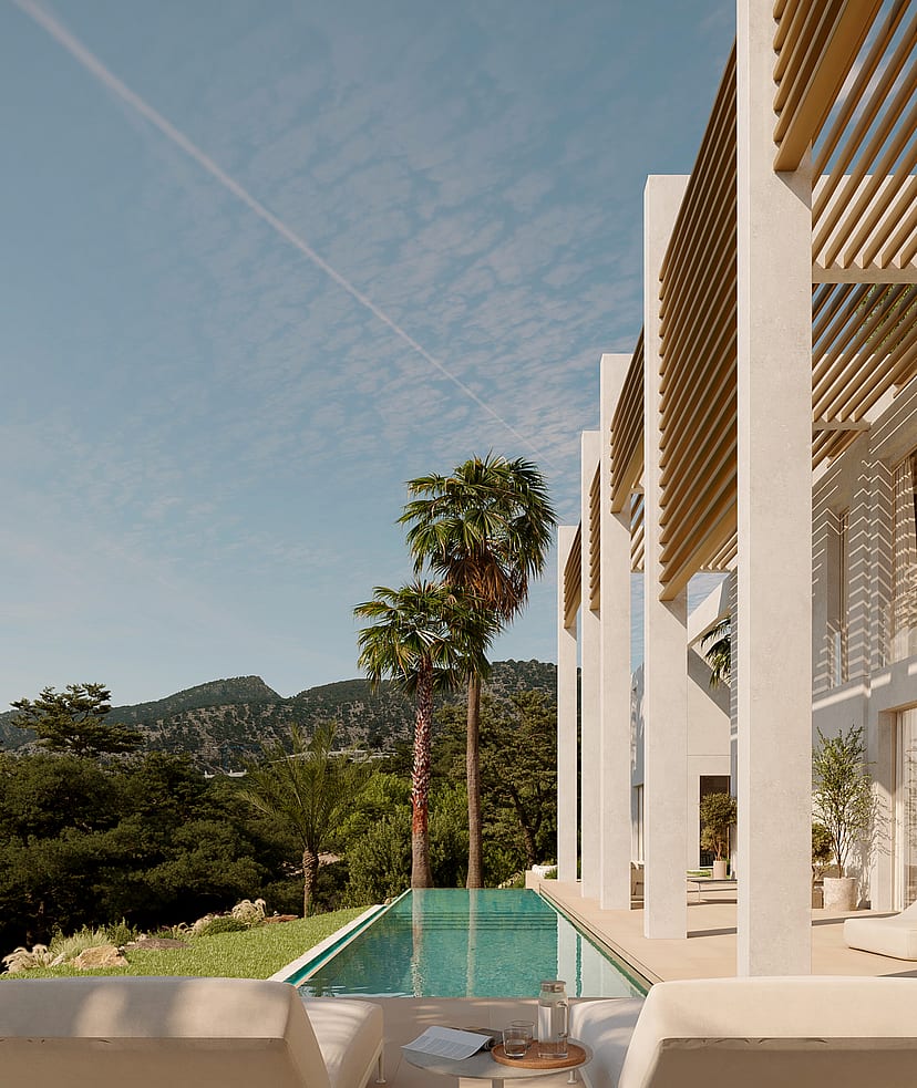 Rectangular turquoise lap pool beside a white modern villa with wooden pergolas, palm trees, and mountain views.