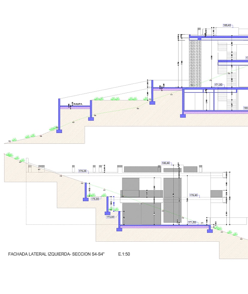 Technical cross-section diagram of the proposed residence showing tiered levels and structural foundation on sloping terrain.
