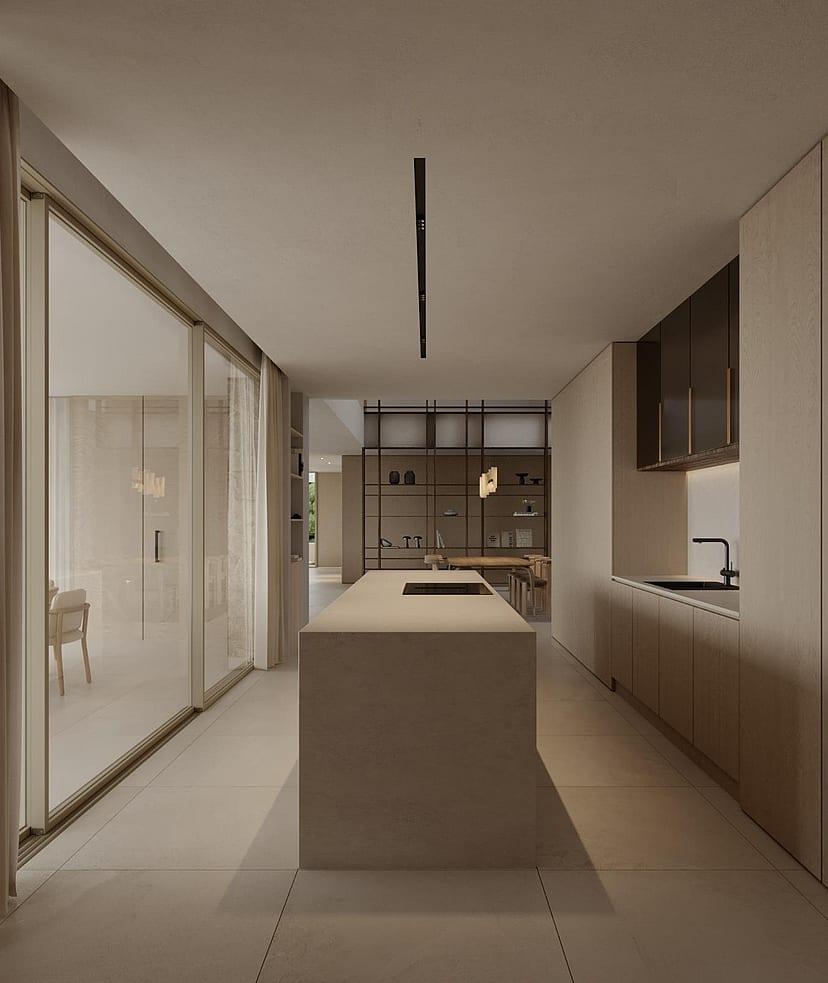 Open-plan kitchen with oak cabinetry and a central island