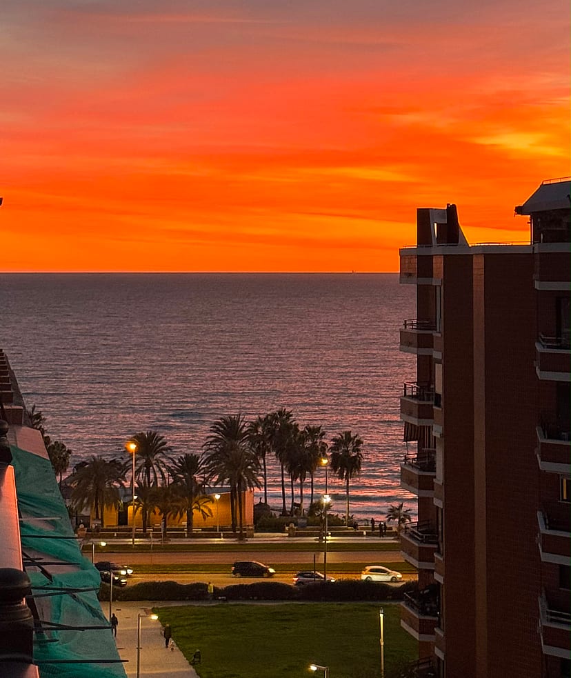 A vibrant orange sunset over the sea viewed from an elevated position, with silhouettes of buildings and palm trees below.