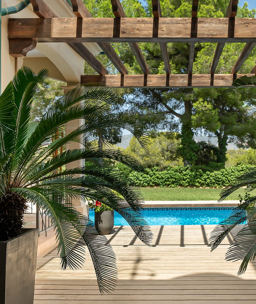 A wooden pergola shades a terrace overlooking a rectangular blue swimming pool with lush garden foliage in the foreground.