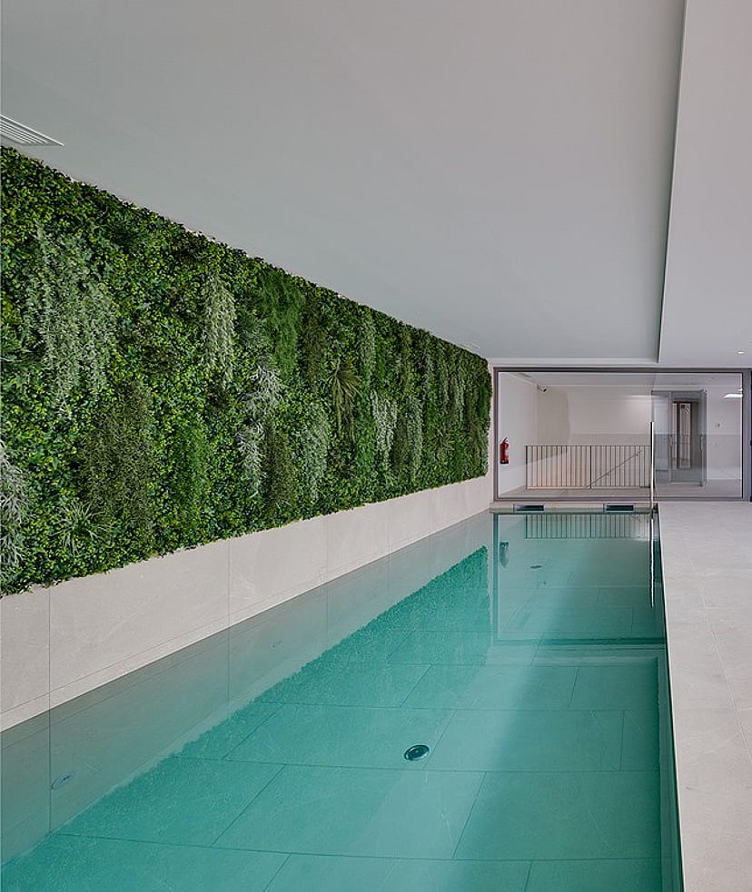 Rectangular indoor lap pool with full-length living plant wall to one side, skylights above and floor-to-ceiling glazing at the far end