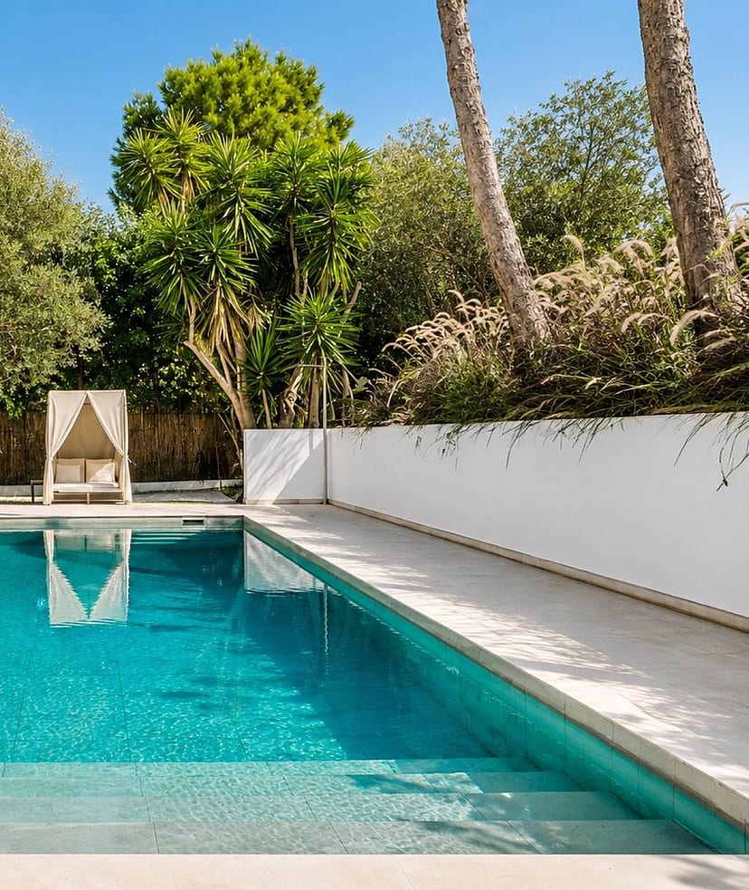Rectangular swimming pool with tiled interior, sun loungers and canopy daybed surrounded by mature Mediterranean planting