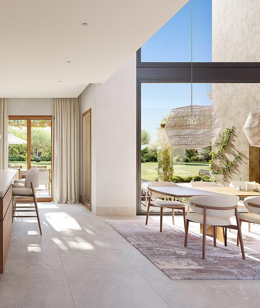 Render of a kitchen with walnut-toned cabinetry, stone worktops and glazed doors opening to a covered terrace