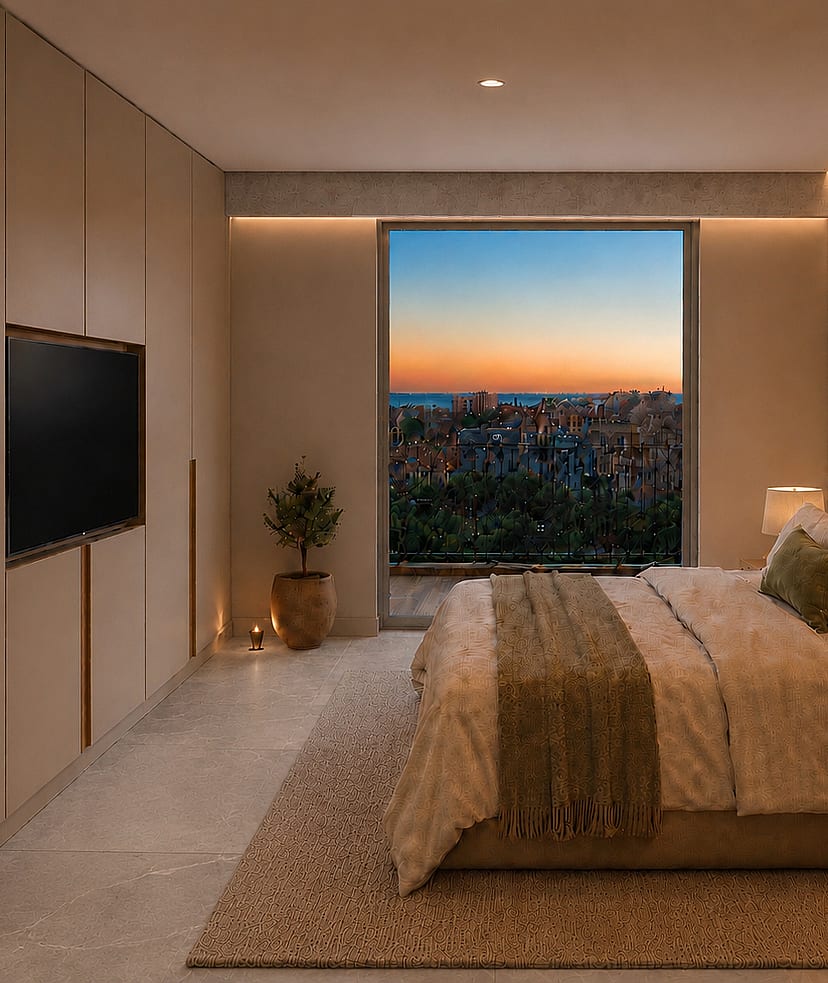 interior of the principal bedroom with views towards the city with morning light