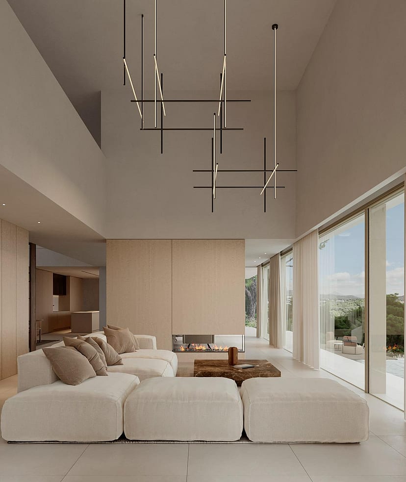 Double-height living room with a suspended fireplace and pool views