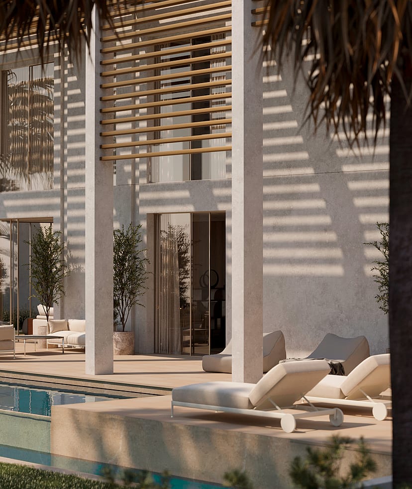 Modern villa facade with wooden sunshades casting linear shadows over a stone terrace and poolside lounging area.
