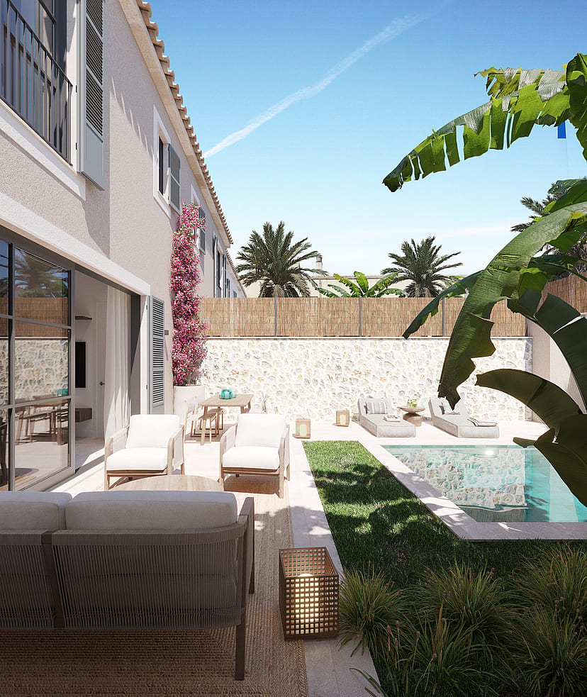Piscine privée avec palmiers, terrasse couverte et jardin paysager derrière une maison à Palma