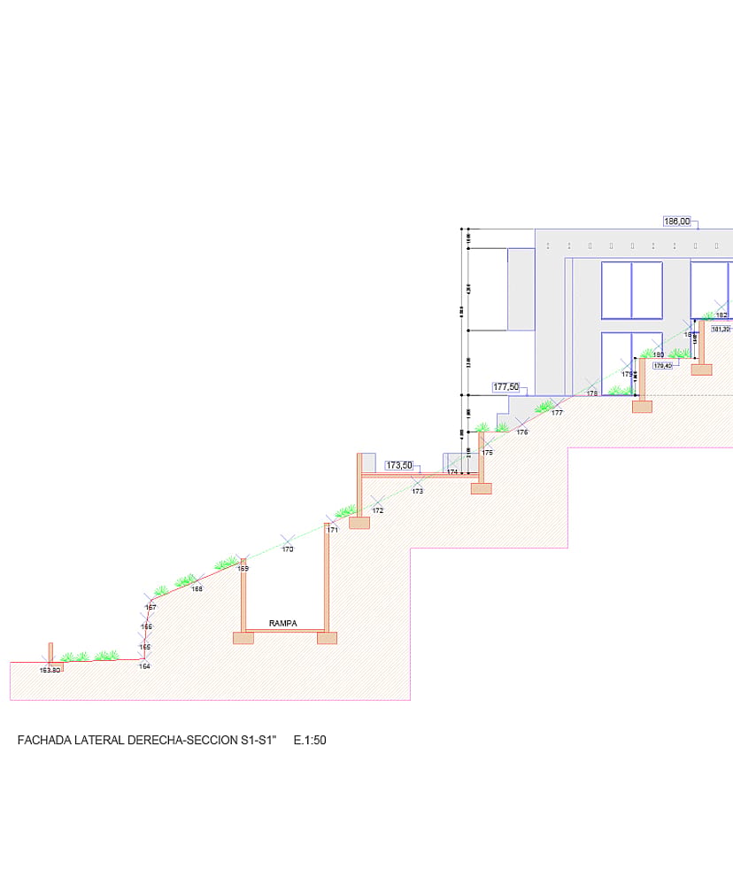 A technical architectural cross-section drawing showing the tiered placement of the building structure against a sloped terrain.