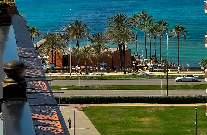 High-angle view from a terrace overlooking a coastal road, palm trees, and the blue sea on a clear sunny day.