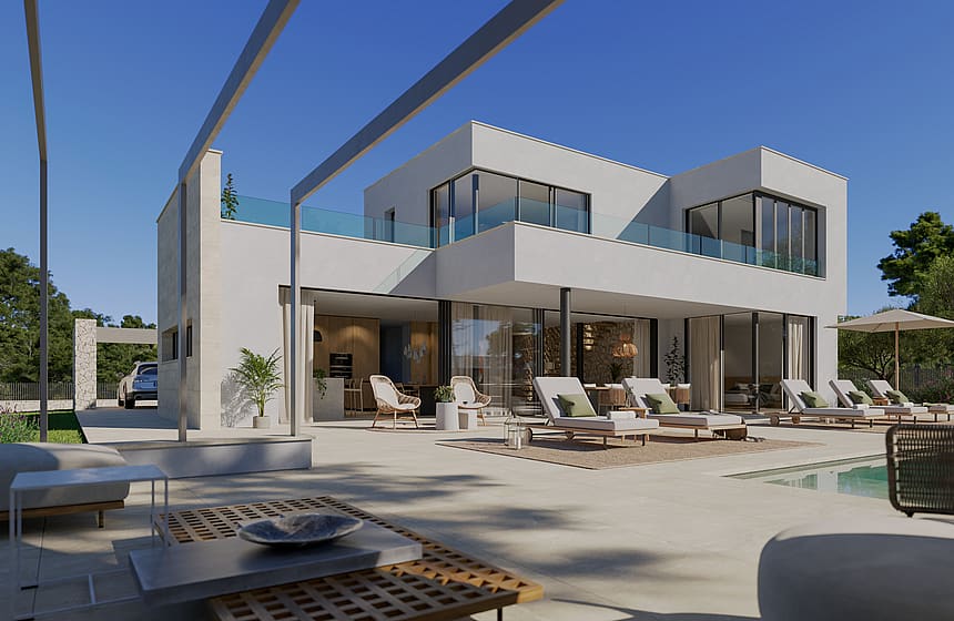 Exterior view of a modern white villa in Son Gual featuring a ground floor terrace, swimming pool, and mountain views.
