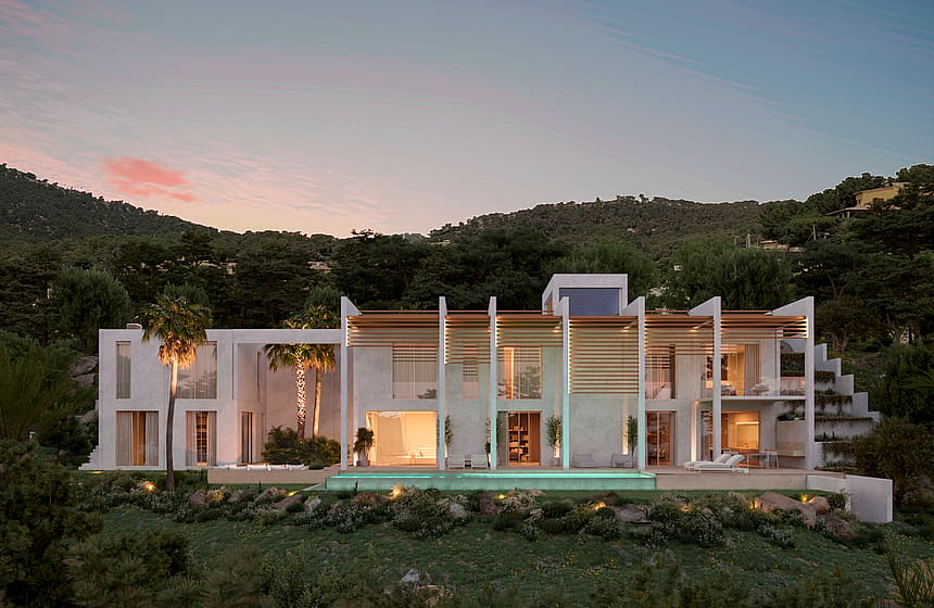 A contemporary two-story white villa featuring vertical privacy louvers and a linear swimming pool at sunset.