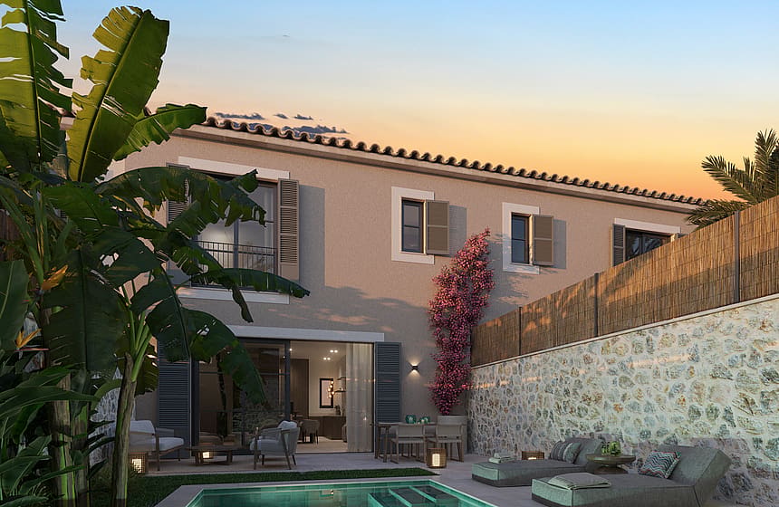 Vue extérieure d'une cour privée avec piscine turquoise, transats et plantes tropicales au crépuscule