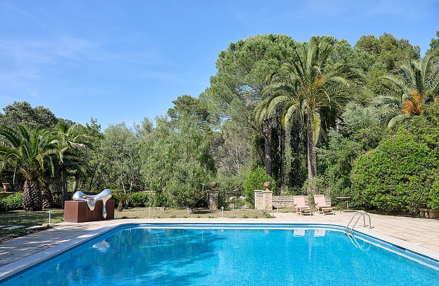 A rectangular swimming pool with blue water sits in a landscaped garden, surrounded by trees, palm trees, and gravel paths.