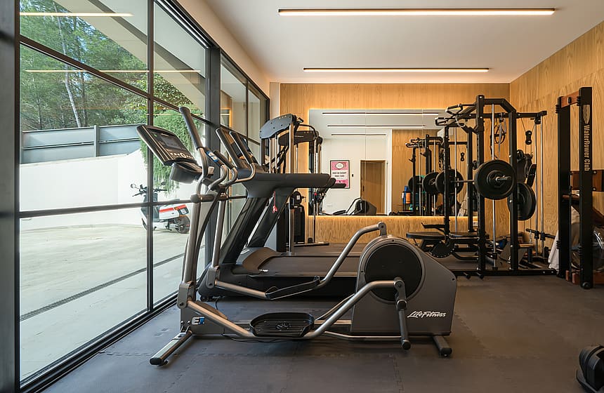 Interior view of a modern gym with black steel-framed windows, wood-paneled walls, and professional strength training gear.