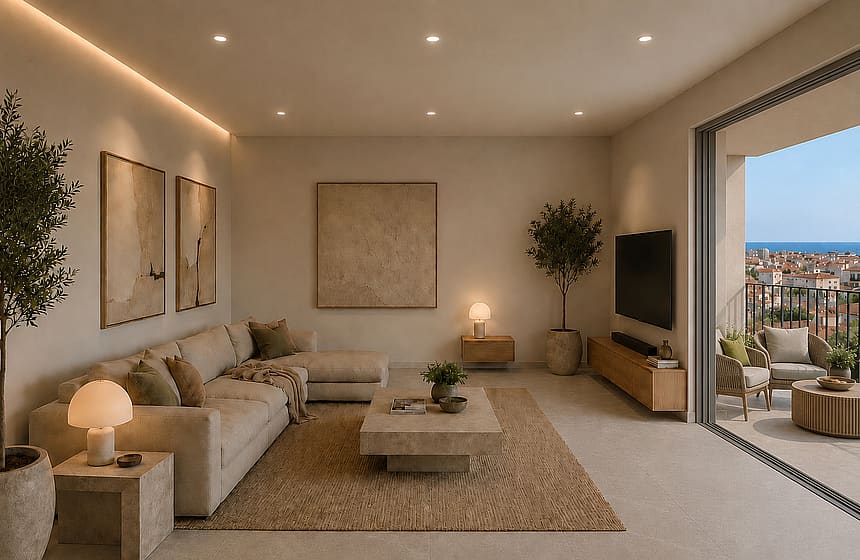 Living room with tv and pocket window doors leading to the outdoor 50 sqm terrace