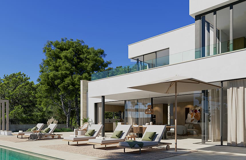 Modern white villa exterior featuring a stone-paved terrace with lounge chairs beside an outdoor swimming pool.