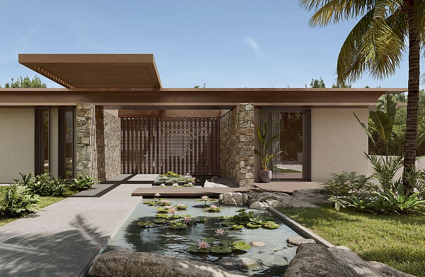 Modern single-story villa exterior featuring a stone facade, wooden slatted entry screen, and a lily pond in the foreground.