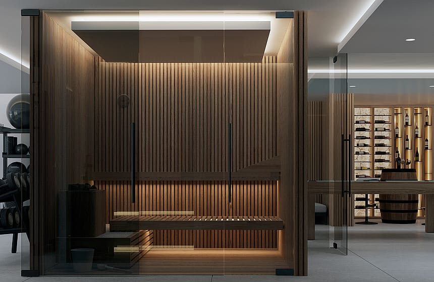Interior view showing a glass-enclosed sauna with vertical timber slats and a back-lit wine display area behind glass partitions.