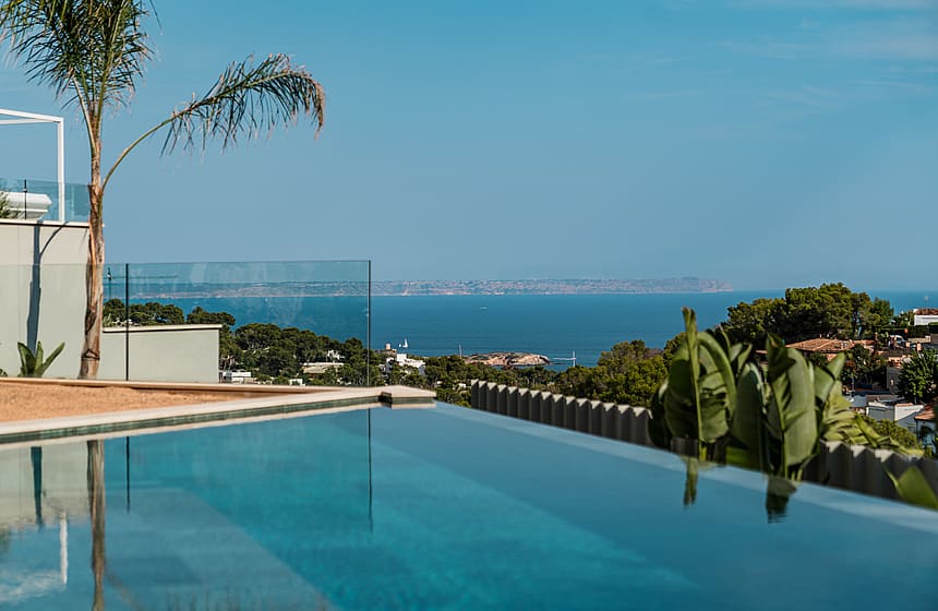 An infinity-edge swimming pool with clear blue water, glass balustrade, and palm tree, set against a coastal horizon.