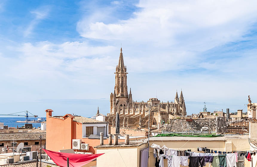 Rooftop view overlooking the city skyline, featuring a prominent historic cathedral spire under a clear blue sky.