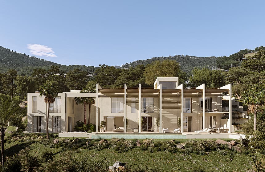 A two-story contemporary villa featuring white concrete pillars, wooden slats, glass walls, and a front swimming pool.