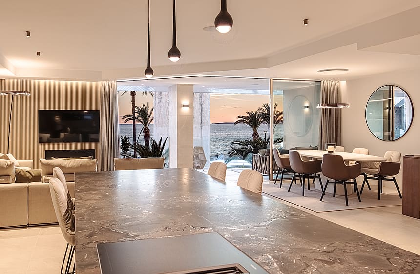 Kitchen island of the designer apartment in Portixol, Palma