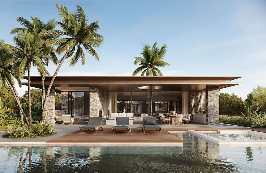 Modern villa facade with a wooden deck, swimming pool, and stone pillars, framed by palm trees under clear sky.