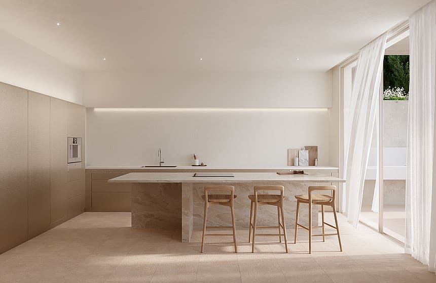 Stone kitchen island with three wooden stools beside floor-to-ceiling windows with sheer white curtains.