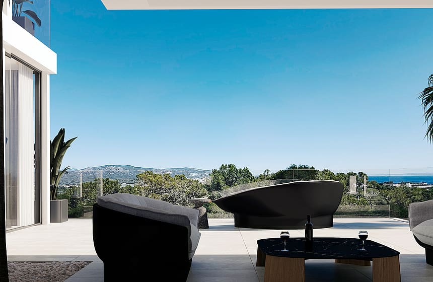 A contemporary outdoor terrace featuring black lounge seating, light stone floor tiles, and clear glass balustrades facing mountains.