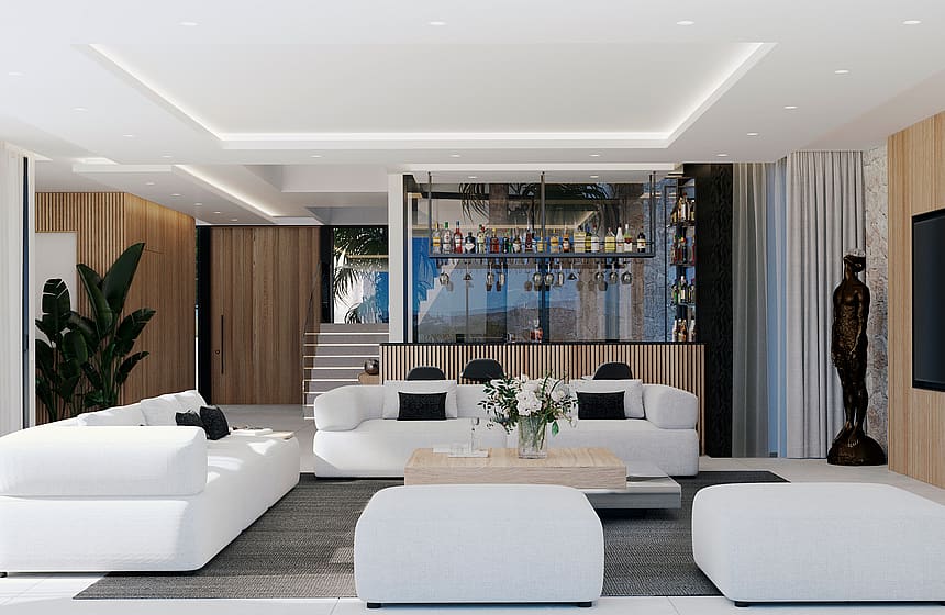 Spacious living room featuring white modular sofas, a central coffee table, and a dedicated bar area with glass shelving and wood-paneled walls.