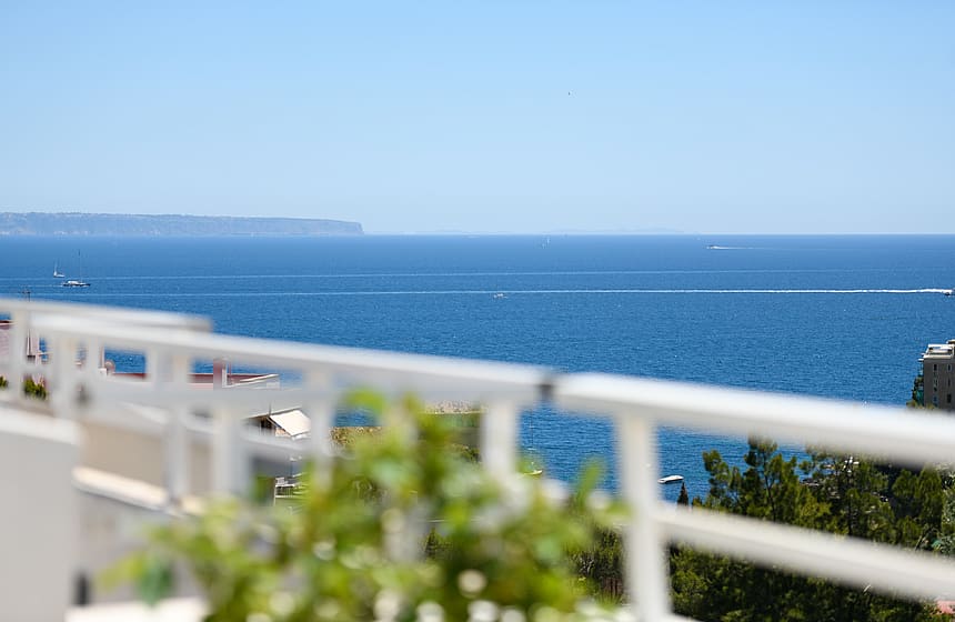 Panoramic view of the Mediterranean sea from a white railing, with blurred foliage in the foreground.