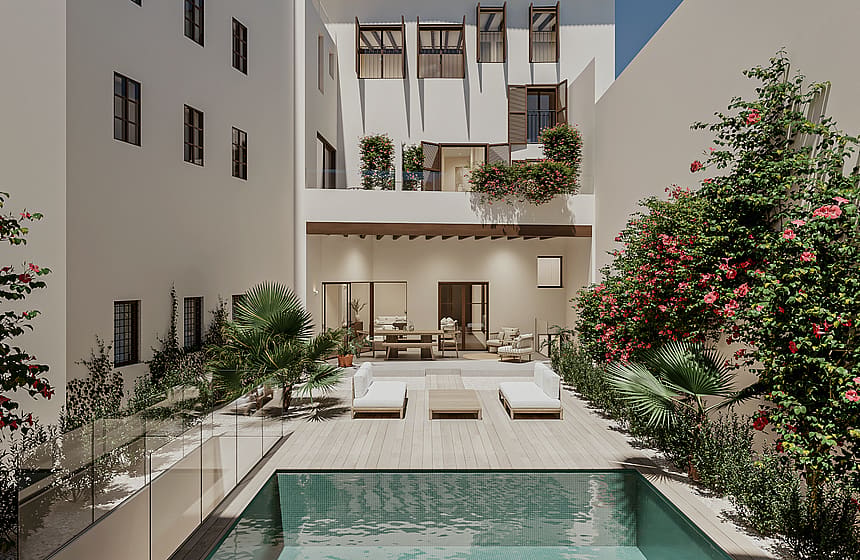 Exterior view of a private apartment courtyard featuring a small swimming pool, covered terrace, and white building facade.