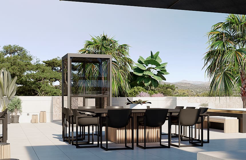 An outdoor dining area with a square table and dark modern chairs on a stone-tiled terrace, framed by palm trees and mountains.