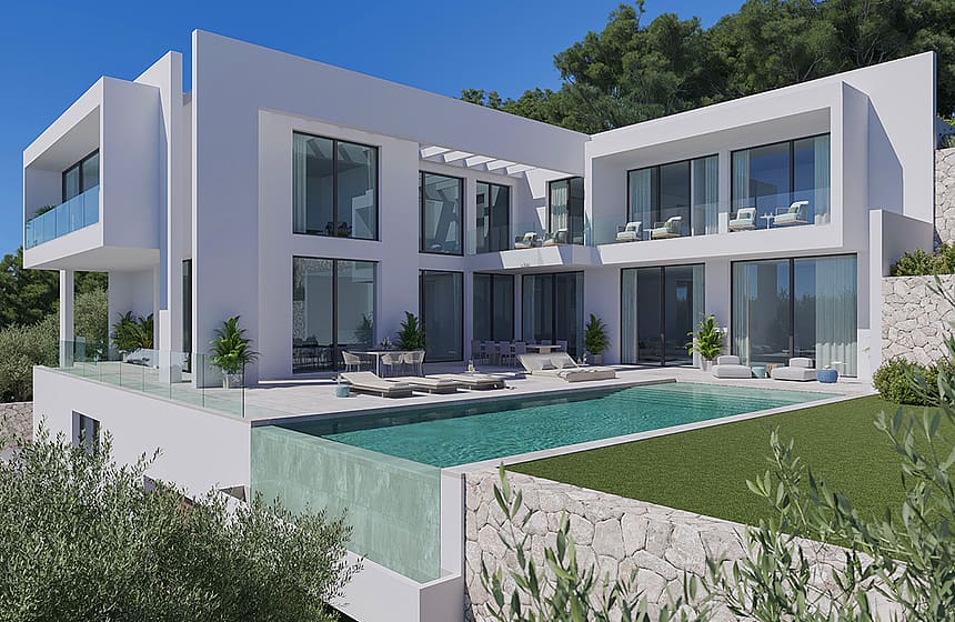 A modern two-story white villa with floor-to-ceiling glass windows and a swimming pool overlooking a mountainous landscape.