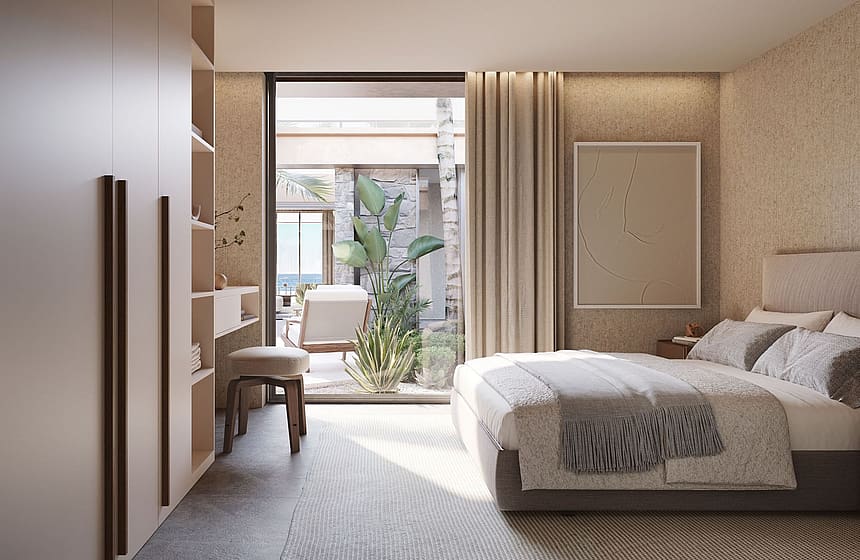 A modern bedroom featuring a neutral color palette, integrated floor-to-ceiling wardrobes, and large sliding doors leading to a private terrace.