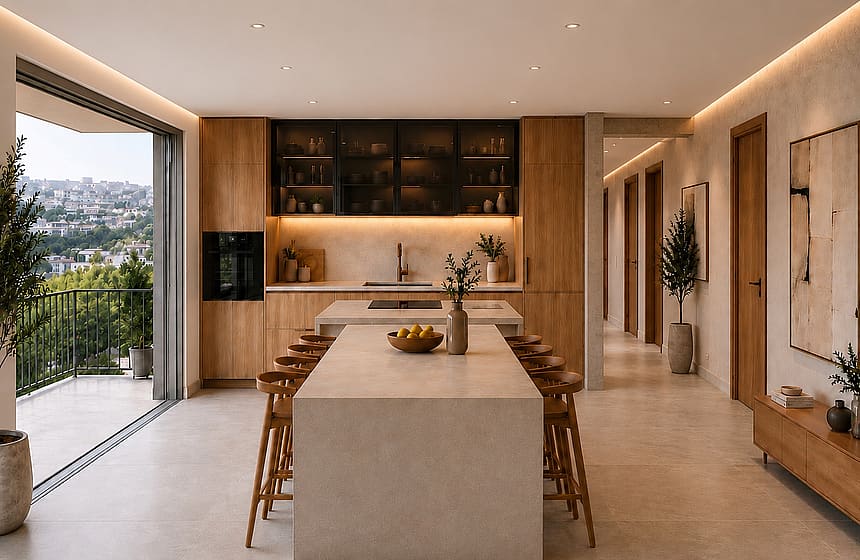 renders of the kitchen island with carpentry and cabinets with an extended sitting dining table