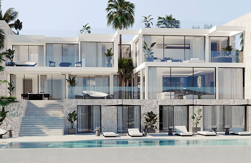 Exterior view of a multi-level contemporary villa with floor-to-ceiling glass windows, a stone-clad lower level, and an outdoor swimming pool with lounge chairs.