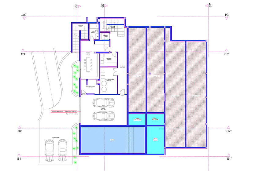 Architectural floor plan of the basement level showing garage space, utility rooms, and large open floor areas.