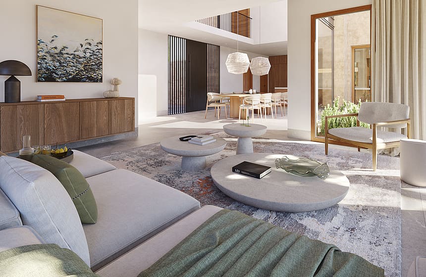 Render of an open-plan living room with kitchen island, dining table and floor-to-ceiling glazing
