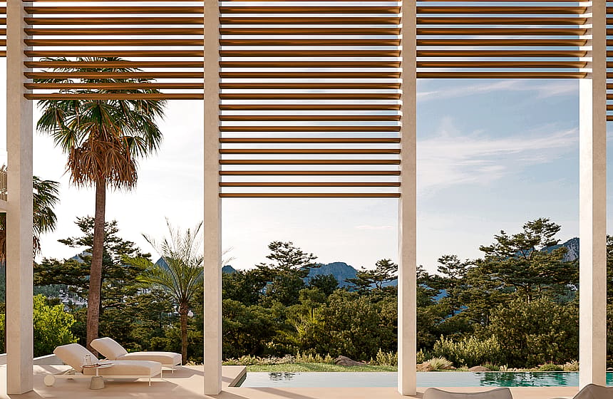A contemporary terrace with a slatted wood pergola, sun loungers, and an infinity pool overlooking a mountain landscape.