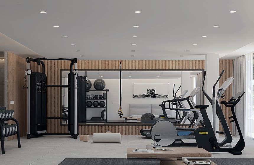 A modern home gym featuring Technogym equipment, slatted wood wall paneling, full-width mirror, and recessed ceiling lighting.