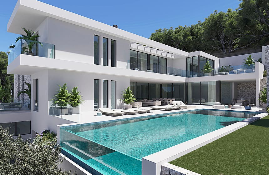 Two-story white modern villa in Son Vida featuring an infinity pool, extensive glass balconies, and landscaped mountain views.