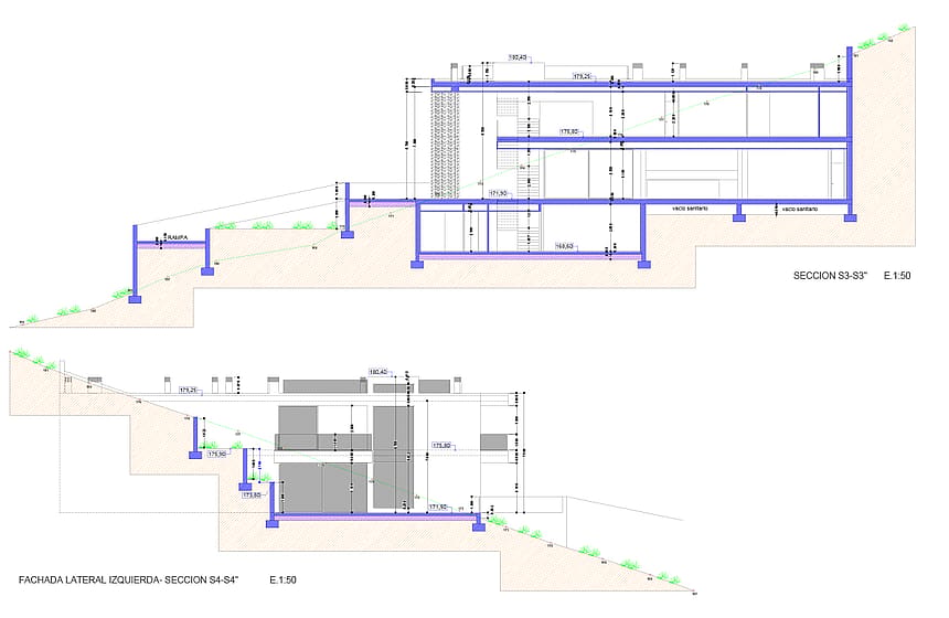 Technical cross-section diagram of the proposed residence showing tiered levels and structural foundation on sloping terrain.