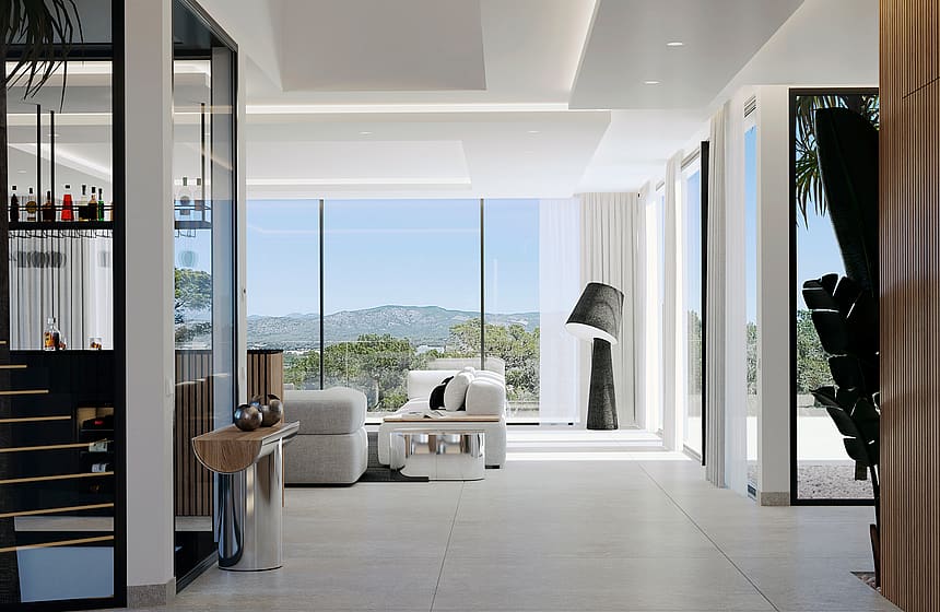 A modern living space features a glass-enclosed wine wall, light gray sectional sofa, and expansive floor-to-ceiling windows.