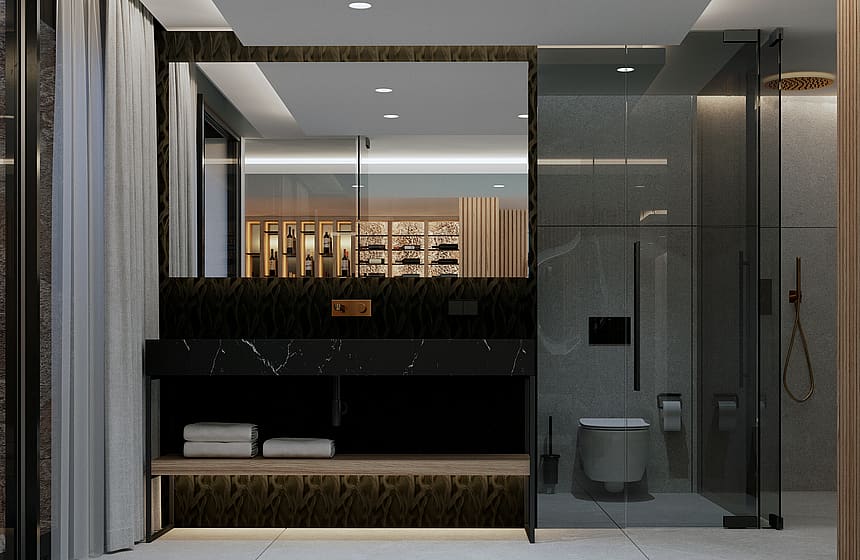 Modern bathroom vanity featuring a black marble countertop, open wood shelving, large mirror, and recessed ceiling lighting.